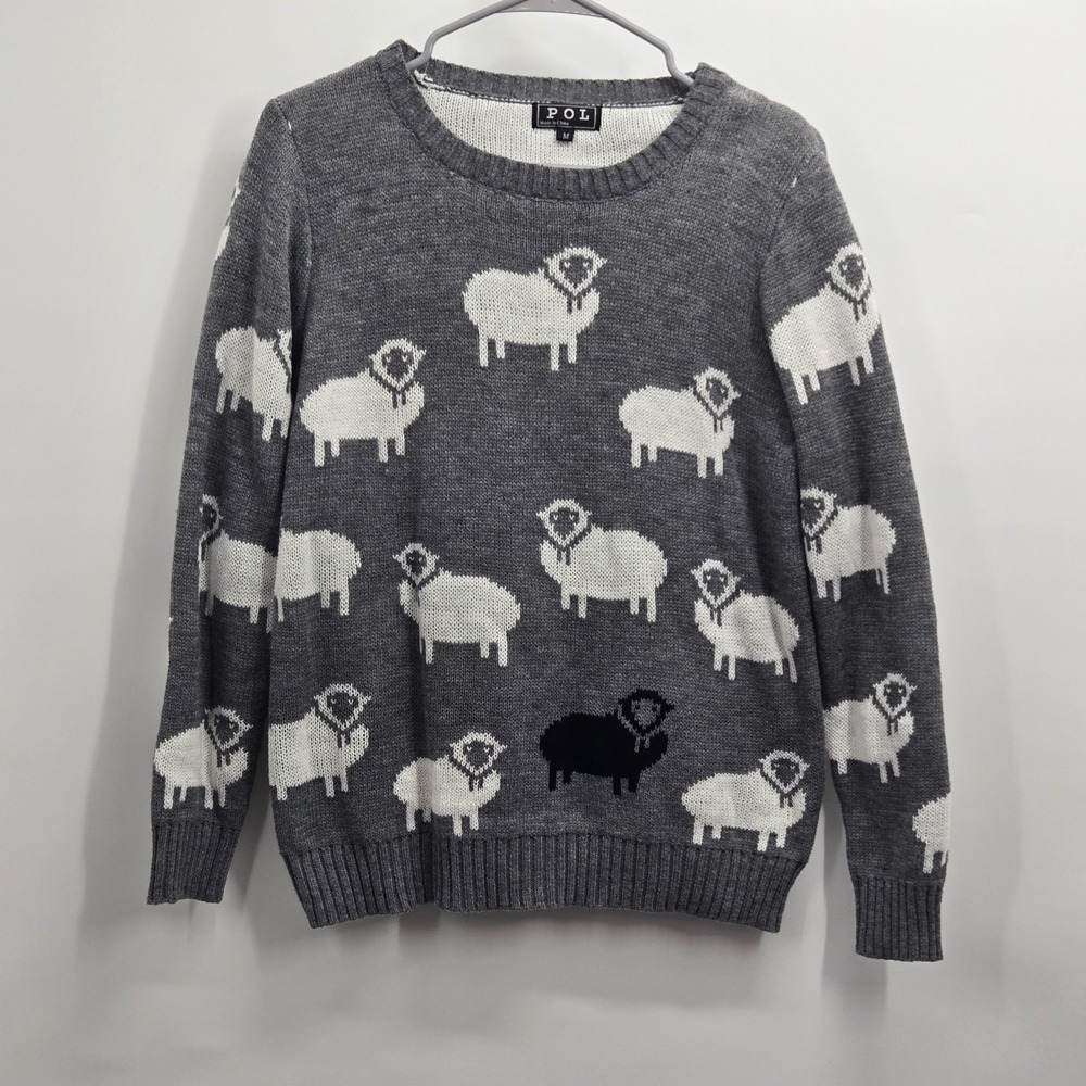 POL Women's Black Sheep Print Pullover Knit Sweater Sz Medium Gray Heavyweight